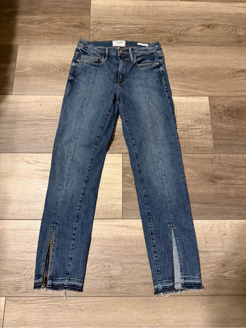 Frame Denim Dark Blue Straight-Leg Jeans with Front Slits